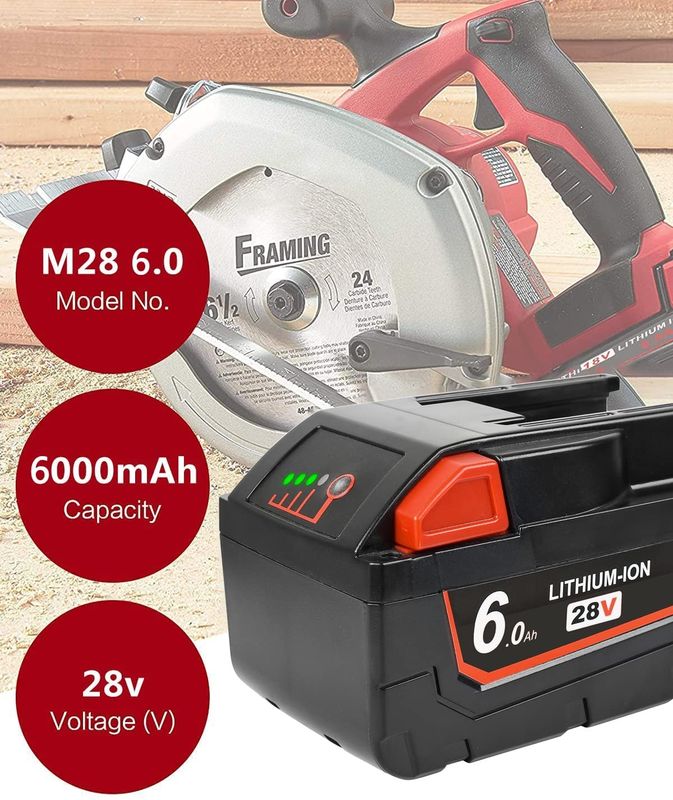 10 ans de remplacement d'usine 28V haute tension Milwaukee batterie d'outil électrique 6000mAh avec 1 an de garantie